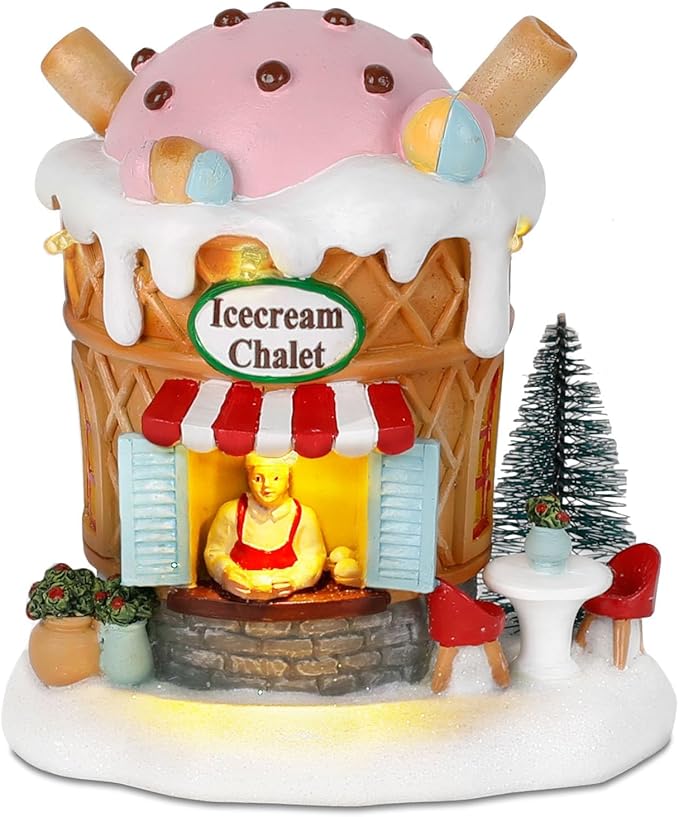innodept12 Light-Up Gingerbread Village House Christmas Decor – Ice Cream Chalet Collectible Shop Figurine for Indoor Holiday Home Decoration