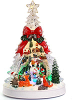 Christmas Village Scene Tree Animated with Rotating Snowman LED Lights Christmas Decorations for Home Gifts Light Up Music USB/Battery Collectible Buildings Figurines