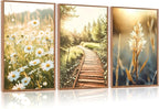 CHDITB Vintage Daisy Field Path Framed Canvas Wall Art Set, Nature Landscape Wall Decor, Nordic Wildflowers Wall Painting, Daisies Floral Art Prints for Living Room Bedroom Office-Size 16"x24"x3