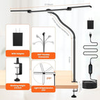 LED Desk Lamp for Office Home, Eye Caring Clip on Desk Light with Clamp, Architect Task Lamp Stepless Dimming, Computer Monitor Table Lamp 3 Head Adjustable Desk Lamp for Reading Study Workbench Black