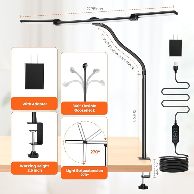 LED Desk Lamp for Office Home, Eye Caring Clip on Desk Light with Clamp, Architect Task Lamp Stepless Dimming, Computer Monitor Table Lamp 3 Head Adjustable Desk Lamp for Reading Study Workbench Black