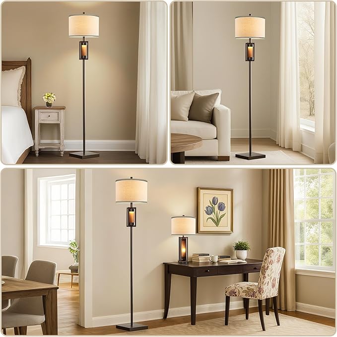 RORIANO 63'' Rustic Floor Lamp for Living Room with 2 Light Sources, Farmhouse Tall Standing Lamp with Amber NightLight, Vintage Lamp for Bedroom Reading Room Office, Bulbs Included (‎Brown)