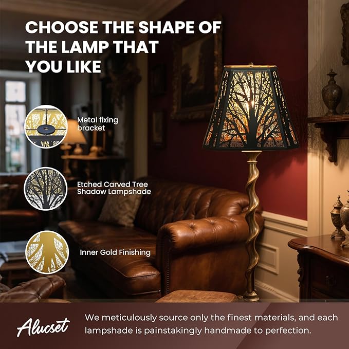 ALUCSET Metal Bell Lampshade, Rectangular Cut Corner Lamp Shades Replacement for Table Floor Lamps, Etched Forest Lamp Shade (5+6.5) " Top x (8+12)" Bottom x 10" High, Black Gold Replacement Spider