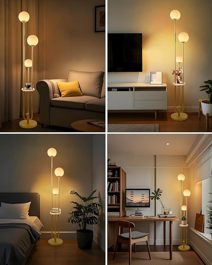 Lightdot Gold Globe Floor Lamp 3-Lights Dimmable Floor Lamps with Tray& Bulbs Included Unique Floor Lamp Candle Holder Style Modern Standing Lamps for Living Room/Bedroom//Sofa Beside/Corner Decor