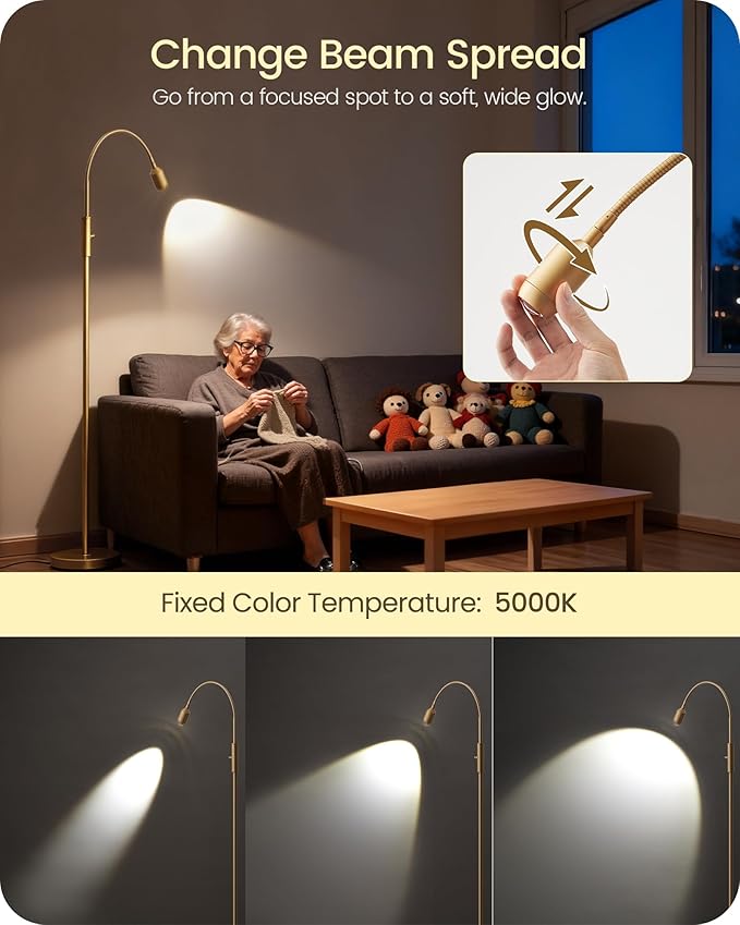 Reading Floor Lamp, 74.2" Tall LED Lamp with, 360° Flexible Gooseneck & Touch Control, 5000K Cool White LED, Sturdy Base, Crafts Standing Lamp, for Reading, Living Room, Matte Gold D16LD05