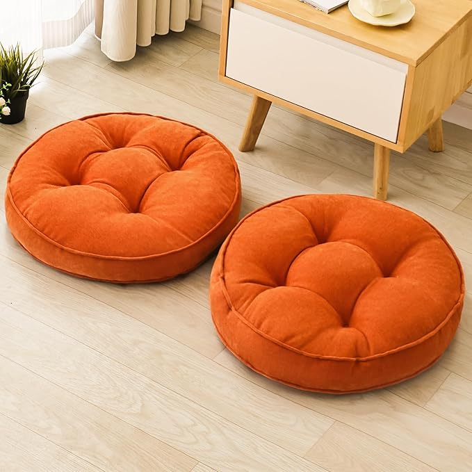Floor Pillow Set of 2, Memory Foam Floor Cushions for Adults, Large Meditation Pillow for Sitting, 22 x 22 Inches (Round | Orange)