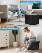 2PC Ottoman with Storage Foot Stool, 17 Inches Folding Storage Ottomans, Leather Upholstered Ottoman Foot Rest with Side Pockets, Suitable for Living Room, Bedroom, Cafe, Black