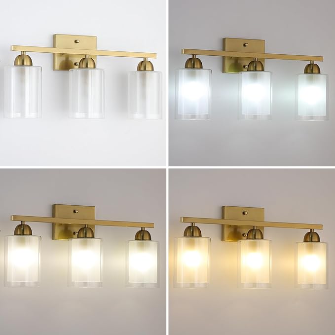 Stainless Steel Bathroom Vanity Light Over Mirror, 3 Light Brushed Gold Bathroom Light Fixtures with Milk Glass and Clear Glass Shades, Modern Vanity Lighting Wall Mount