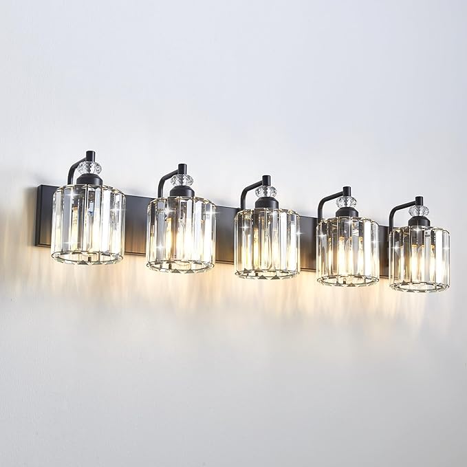 5-Light Black Bathroom Light Fixtures Over Mirror Modern Vanity Lights Crystal Wall Sconce Vintage Bathroom Lighting with Crystal Shade E26 Base for Bedroom, Living Room, Hallway