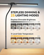 LED Desk Lamp for Home Office, Eye-Caring Architect Lamp with Clamp, Stepless Dimming Computer Light for Dual Screen Monitor, 5 Color Adjustable Lighting Mode, Workbench Light for Drafting, Study