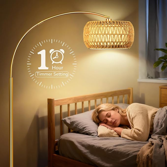 Gold Floor Lamps for Living Room, Arc Floor Lamp with Remote & Dimmable Bulb, Boho Standing lamp with 3 Color Temperatures, Adjustable Rattan & Fabric Shades Tall Lamp, Over Couch Reading Lamp