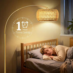 Gold Floor Lamps for Living Room, Arc Floor Lamp with Remote & Dimmable Bulb, Boho Standing lamp with 3 Color Temperatures, Adjustable Rattan & Fabric Shades Tall Lamp, Over Couch Reading Lamp
