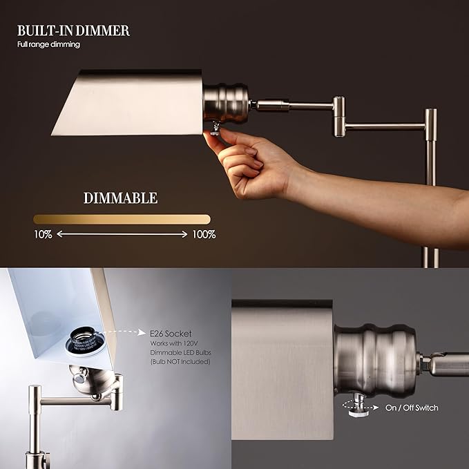 O’Bright Arcadia - Pharmacy Floor Lamp, Full Range Dimming, Swing Arm Task Lamp, E26 Socket, Bulb Replaceable, Adjustable Height 47” to 55”, 360° Rotatable Shade, All-Metal Design, Brushed Nickel