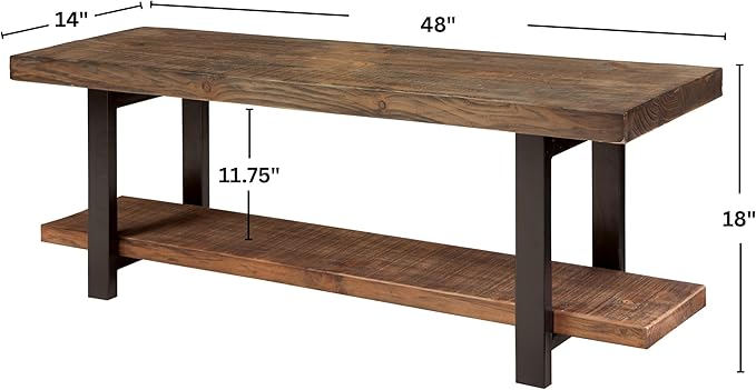 Pomona 48-Inch Entryway Storage Bench with Shelf – Solid Wood and Metal Accent Bench for Shoes, Hallway, Living Room, or Dining Room by Alaterre Furniture (Rustic Natural Finish)