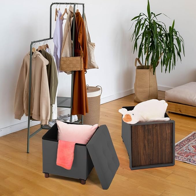 Storage Ottoman, Ottoman with Storage for Living Room Ottoman Square Tray Bedroom Cube Foot Rest Stool With Legs Small Ottomans Coffee Table Lid Foldable Footstool Faxu Leather 15" Inch (Grey)