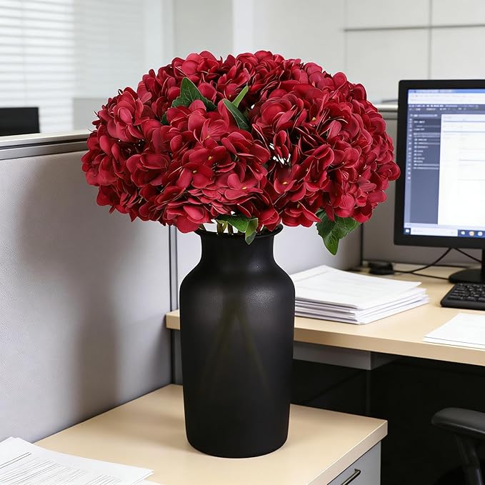 Kimura's Cabin 6Pcs Burgundy Fake Hydrangea Flowers Artificial Silk Hydrangeas Flowers with Stems Hydrangea Bouquets for Home Wedding Baby Shower Birthday Party Decoration （Dark Red）