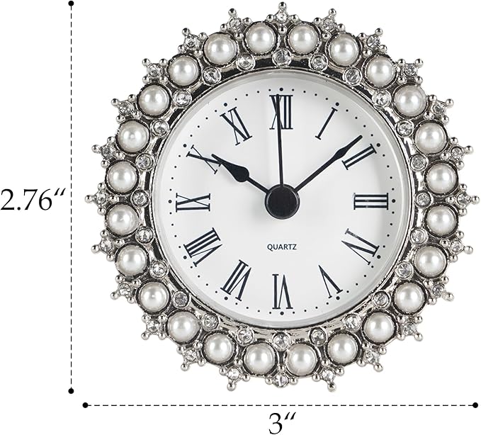 NIKKY HOME Small Table Clock with Faux Pearls Battery Operated for Living Room Decor Desk Shelf 3'', White