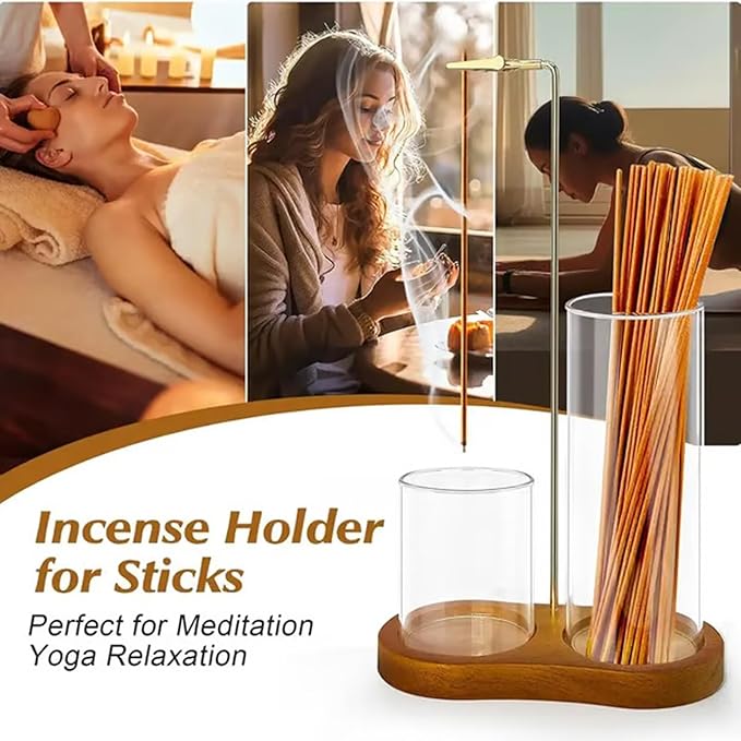 2 in 1 Incense & Candle Holder, 2 in 1 Incense Holder for Sticks with Glass Ash Catcher, Solid Wood Multifunctional Incense Burner, Home Incense Holder, Incense Stick Base (color2)