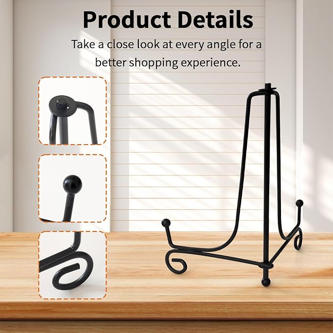 Iron Plate Stands for Display,Foldable Book Holder & Easel Stand for Sign, Versatile Poster Stand and Small Plate Stand for Home Decor, Art, Photo Frame, Card, Crystal Display (Black, 6 inch (4Pcs))