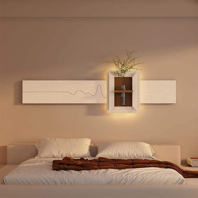 LED Sandstone Wall Decor, 3D Wall Art Sculpture, Simulated Green Plants, Glass Vase & Rabbit Statue, 3 Color Remote Control Light, for Living Room, Bedroom, Hallway(Light Coffee,47.2 * 23.6in)