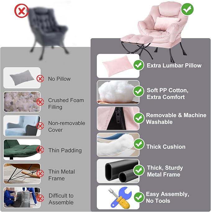 Lazy Chair with Ottoman, Modern Accent Chair with Lumbar Pillow, Velvet Pink Sofa, Lounge Chairs with Folding Footrest, Oversized Supportive Chairs for Bedroom, Reading