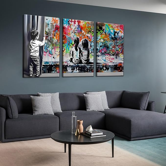 Novatique Banksy Canvas Wall Art Street Graffiti Wall Art Behind the Curtain Print Pictures Modern Cool Painting Pop Art Wall Decor for Living Room Bedroom,24" x 36" x 3pcs