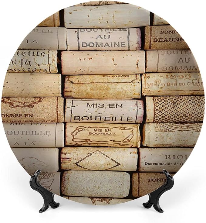 Ceramic Plates, Winery Decorative Ceramic Plates, Different Wine Corks Arranged in Line Collections, 8 Inch, Household Plates Decorative, Ivory Pale Brown