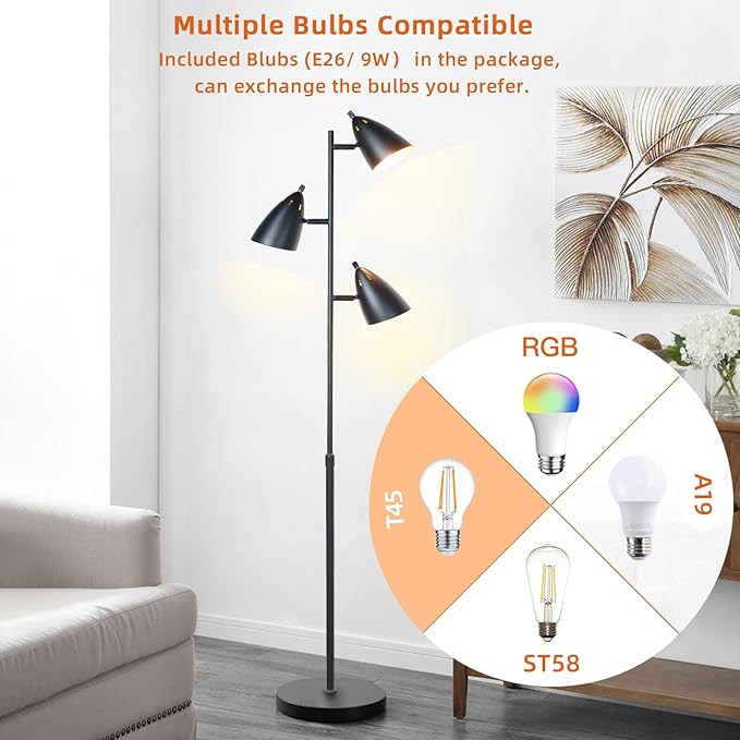 Tree Floor Lamp for Living Room, Industrial 3-Light Standing Lamp with 3 LED Bulbs, Adjustable Rotation Heads, Standing Tall Pole Lamp Farmhouse Rustic Reading Lamps for Bedroom Office (Black)