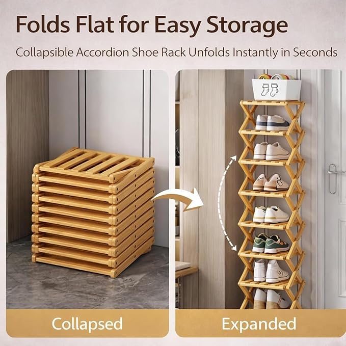 DDRIC 9-Tier No-Assembly Bamboo Rack, 2026 Upgraded Foldable Corner Shoe Rack, Space-Saving Organizer for Shoes, No-Tool Narrow Shelf for Entryway Closet Dorm (Nuture,2-Tier)