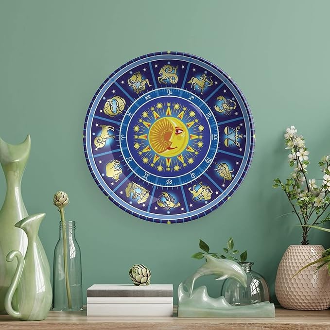 Ceramic Plates, Astrology Decorative Ceramic Plates, Horoscope Circle Sun Birth Zodiac Constellation, 7 Inch, Household Plates Decorative, Yellow Orange Dark Blue