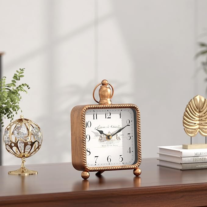 Vintage Gold Table Clock on Stand, Desk and Shelf Decor Clock, French Rustic Style Mantel Clocks for Farmhouse, Living Room, Bedroom, Bedside, Gift (8.5" H x 5.5" W)
