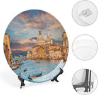 XISUNYA 7 Inch Decorative Plate, Venice Porcelain Plate, Gondola on Famous Canal Grande Print Ceramic Display Plate for Decorative Ornaments Giving Plates, 1 Plate with 1 Display Stand, Blue Cream