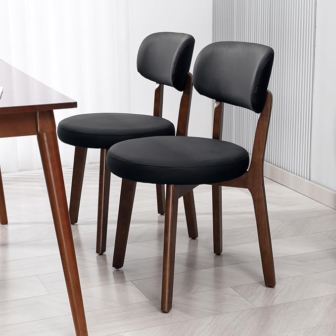 Yilaywain Mid-Century Modern Dining Chairs with Rubberwood Frame, Black Faux Leather Upholstered, 250 LBS Weight Capacity, Anti-Slip Protectors (Black)