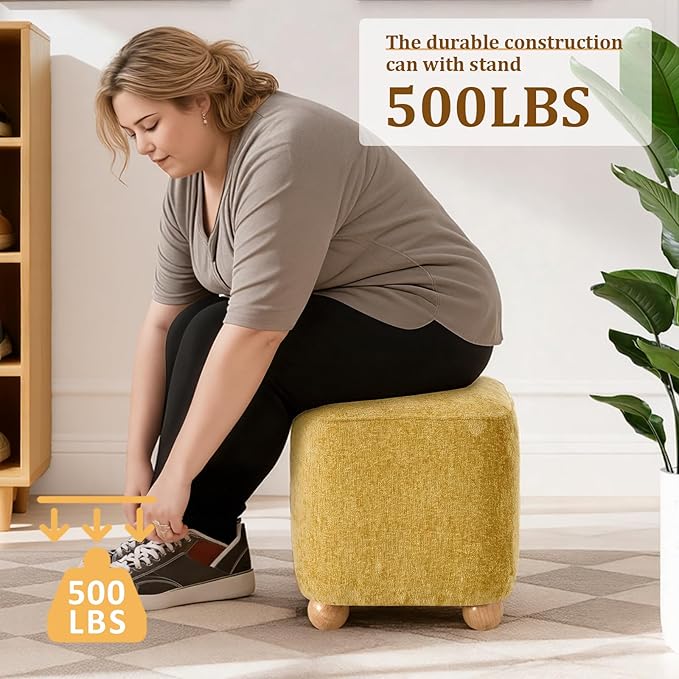 Cube Pouf Ottoman with Wooden Leg,Chenille Fabric Vanity Stool-Upholstered Floor Chair,Square Footstool Pouf with Acacia Wood Frame(500Lbs),Small Coffee Table Ottoman for Living Room