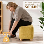 Cube Pouf Ottoman with Wooden Leg,Chenille Fabric Vanity Stool-Upholstered Floor Chair,Square Footstool Pouf with Acacia Wood Frame(500Lbs),Small Coffee Table Ottoman for Living Room