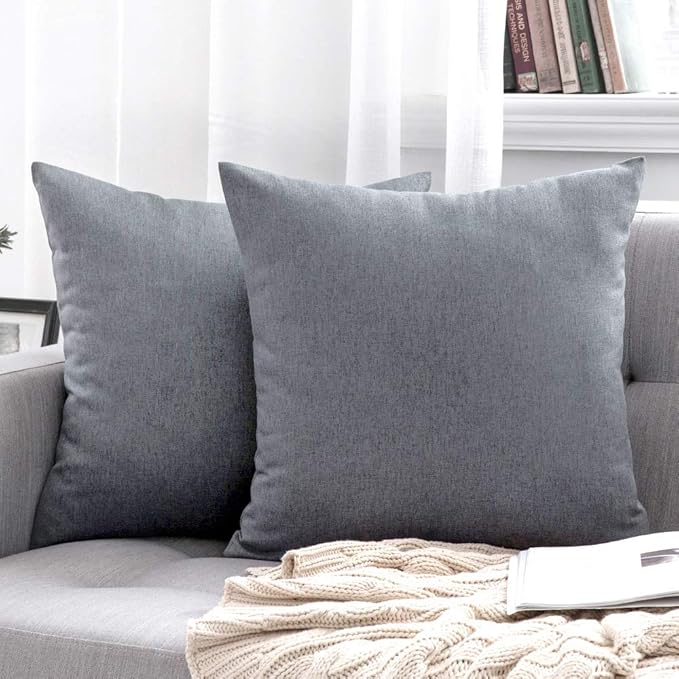 MIULEE Pack of 2 Decorative Outdoor Solid Waterproof Throw Pillow Covers Faux Linen Garden Farmhouse Cushion Cases for Patio Tent Balcony Couch Sofa 20x20 Inch Dark Grey