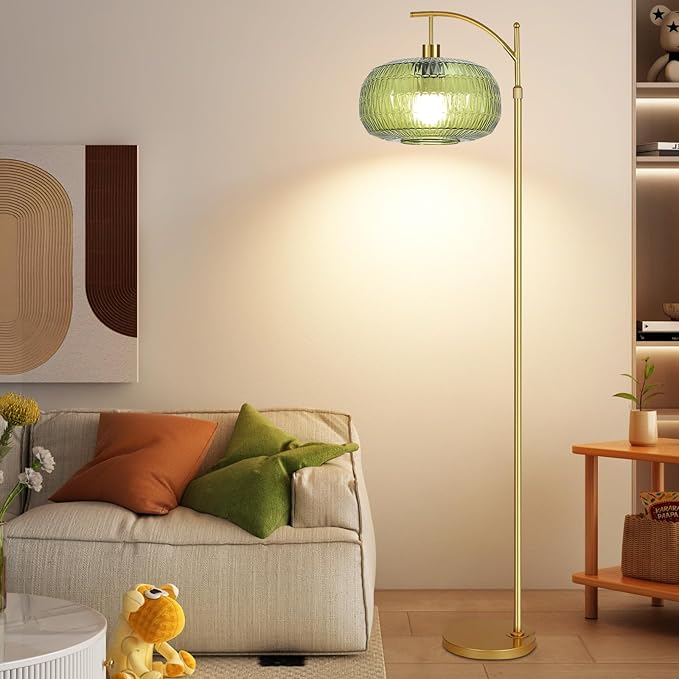 Glass Floor Lamp for Living Room,Bedroom,Gold Dimmable Standing Lamp with Remote,Green Mid Century Modern Brass Vintage Tall Lamp Floor Lamps Arc Boho Floor Light Lamp Bohemian