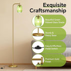 Vintage Glass Floor Lamp for Living Room, Bedroom, Modern Green Ribbed Glass Standing Lamp with Pedal Switch, 67'' Tall, Brushed Gold