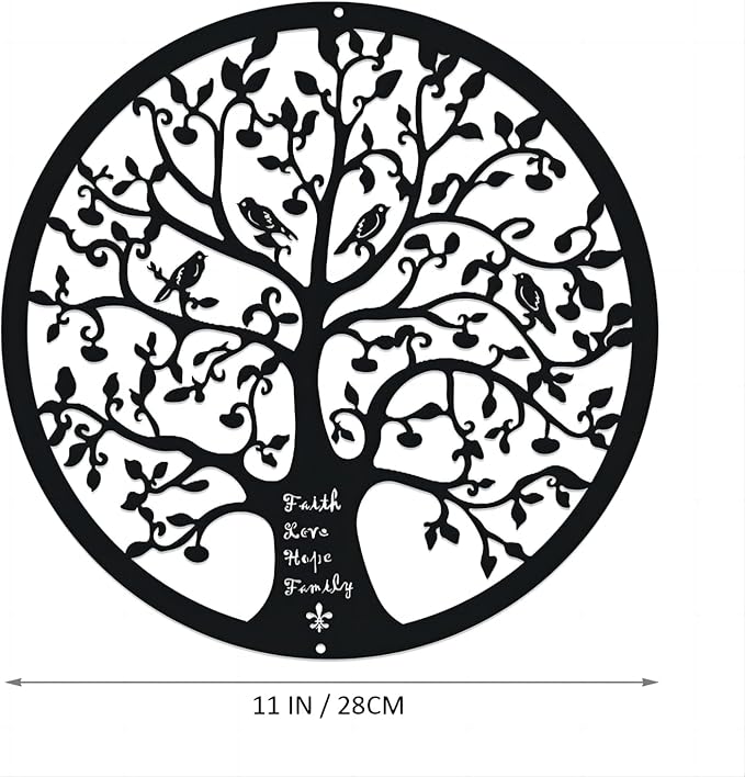 ESTART 11 Inches Tree of Life Wall Art Metal Tree Life Wall Decor Family Tree Wall Plaque Wall Hanging Sculptures for Balcony Porch Bedroom Living Room Kitchen Garden Office Indoor Outdoorr (Black)