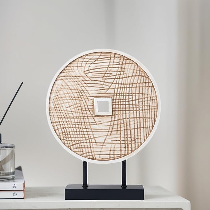 Unique Round Coin Sculpture Decorative Objects for Shelf Home Decor Accents, Modern Abstract Tabletop Decor Items for Living Room Fireplace Mantel, Above Cabinet (Vintage White)