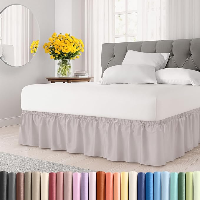 Wrap Around Dust Ruffle Bed Skirt - Light Grey - for Queen Size Beds with 12 Inch Drop - Elastic Strap - Adjustable Pleated Bedskirt with Brushed Fabric and Wrinkle Free - For Women, Men, Kids & Teens