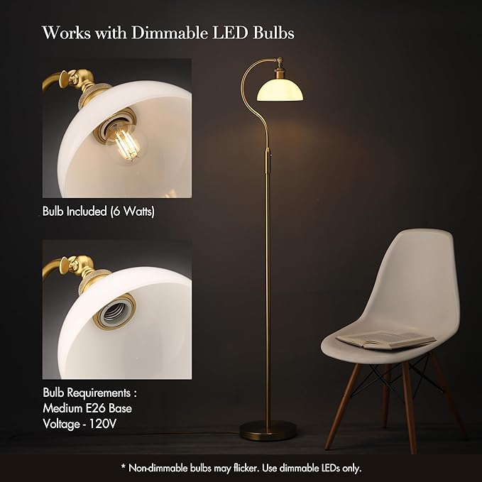 O’Bright Heritage - Banker’s Floor Lamp, 3-Level Touch Dimming, Adjustable Tilt Shade, Removable Lampshade Design, E26 Socket with 6W Dimmable LED Bulb, White Jade Glass Shade, Antique Brass
