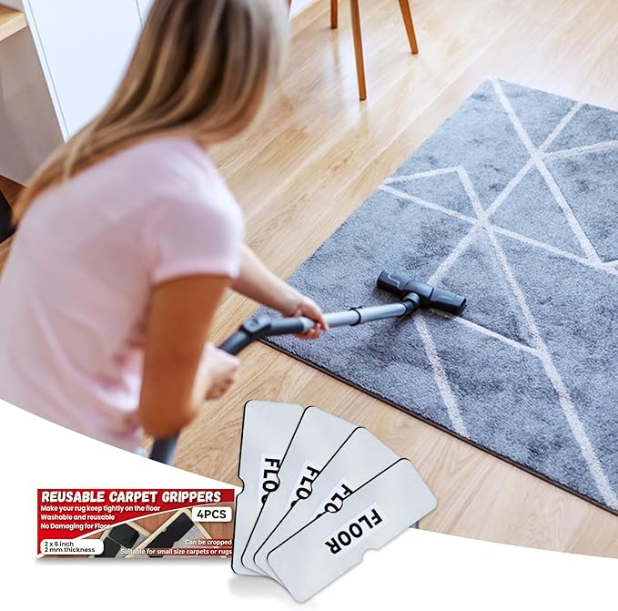 Rug Carpet Non Slip Grippers, Reusable Rug Tape Stickers Pads for Hardwood Floors and Tiles, Double Adhesive Carpet Grippers for Area Rugs Corners Flat, No Damaging for Floor Removable, 4Pcs