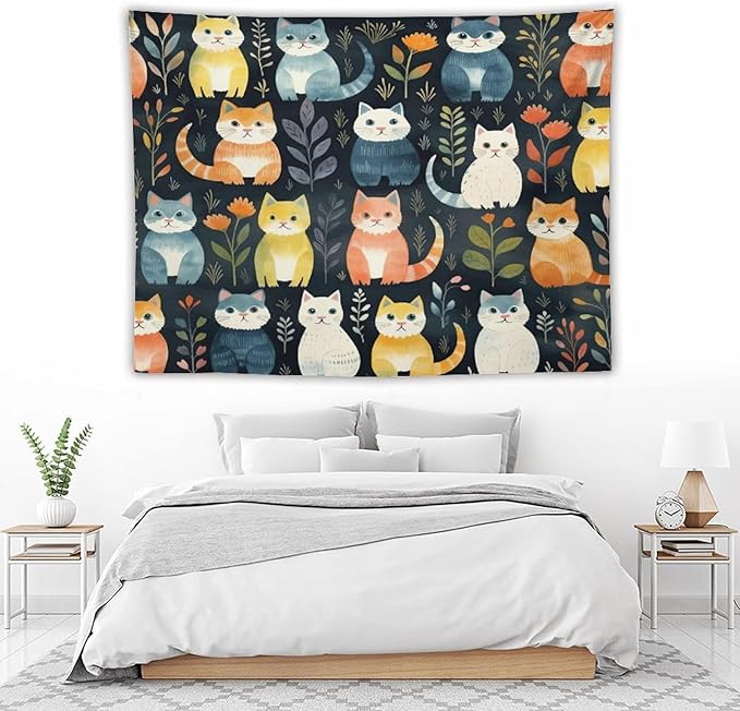 VUMIVI Cartoon Abstract Cat Tapestry Fun Cute Animals Plants Bohemian Modern Art Color Illustration Tapestry Wall Hanging for Living Room Bedroom Dorm Classroom Aesthetic Decor W80xL60in