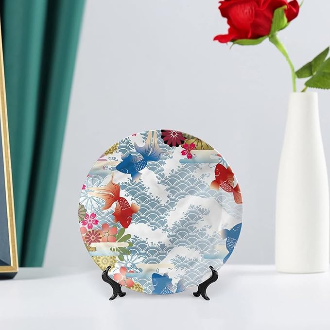 Ceramic Display Plate, Asian Ceramic Hanging Decorative Plate, Traditional Japanese Koi Fish, 6 Inch, Household Custom Ceramic Plate, Multicolor
