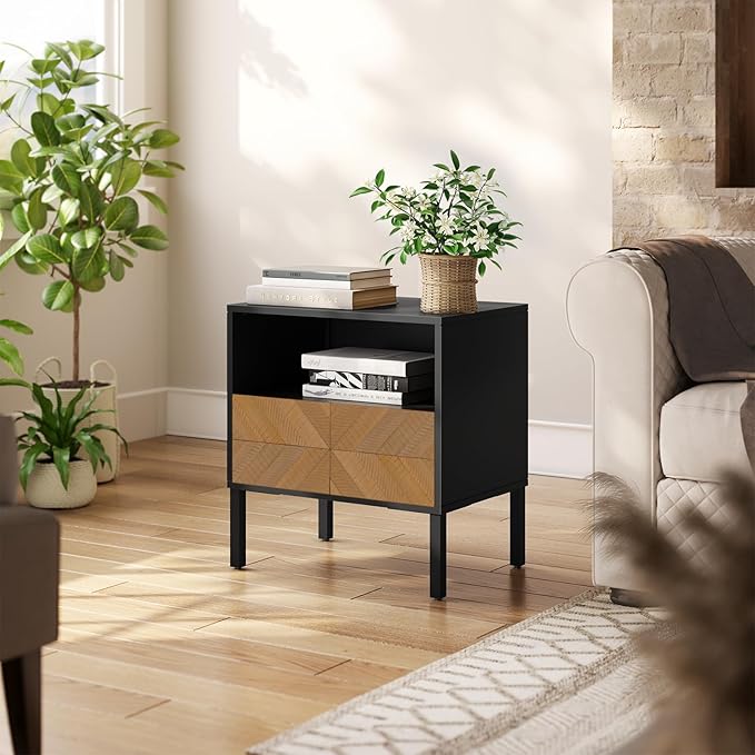 Bme Vivian Solid Wood Nightstand, End Table, Bedside Table with Herringbone Pattern for Rustic Bedroom, Easy Assembly, Rustic Seadrift and Black