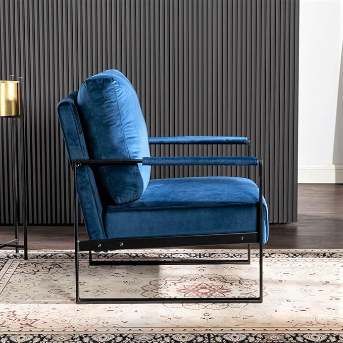 Container Furniture Classic Mid Century Modern Accent Chair with Durable Square Metal Frame, Armchair for Living Room, Bedroom, Home Office in Plush Velvet Upholstery, Blue