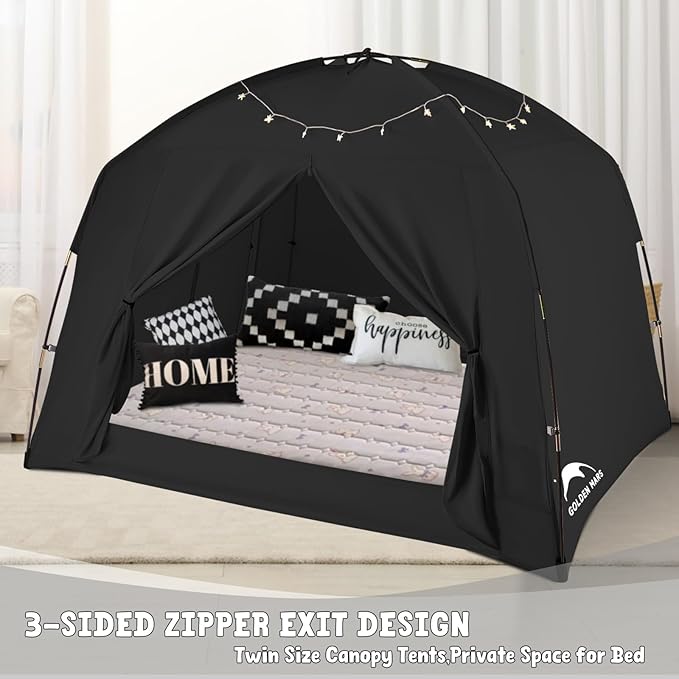 Bed Tents for Kids and Adult, Portable 100% Breathable and 93% Blackout Toddler Dream Play Tent, 3 Doors Big Privacy Space Sleeping Canopy for Floor or Twin Full Queen Sizes Bed (Black, Queen-Size)