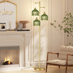 Glass Floor Lamp for Living Room,Bedroom,Gold Mid Century Modern Standing Lamp Brass Tree 3 Light Tall Floor Lamps Vintage Retro Floor Lights Green Flower Lamp Shade Farmhouse Boho Bohemian