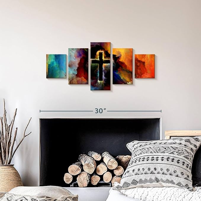 Elephant Stock Colorful Cross Wall Art Multi Piece Canvas - 5 Panel Christian Pictures Decor - Digital Design Canvas Print - Christian Wall Decor - 29" X 12"